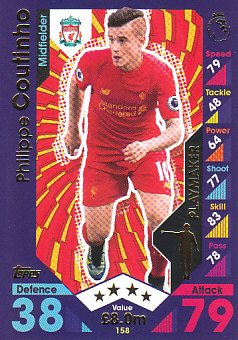 Philippe Coutinho Liverpool 2016/17 Topps Match Attax Play Maker #158